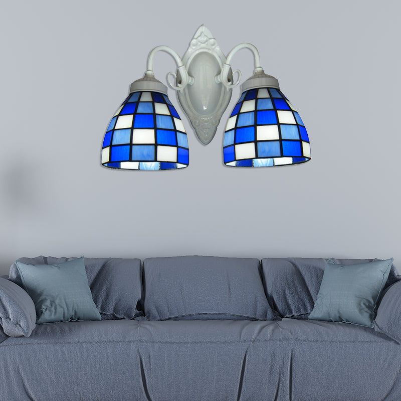 Mosaic Dome Wall Lighting Blue Glass 2 Lights Bathroom Wall Mounted Lamp in White Finish