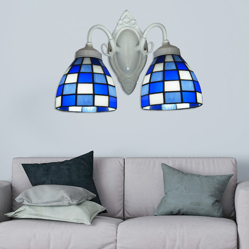 Mosaic Dome Wall Lighting Blue Glass 2 Lights Bathroom Wall Mounted Lamp in White Finish