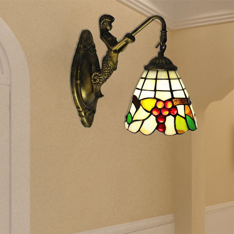 1 Light Mermaid Wall Mounted Light with Fruit Pattern Stained Glass Mini Wall Sconce Lighting