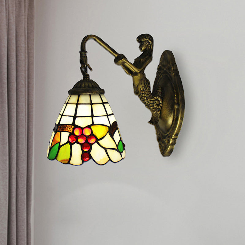 1 Light Mermaid Wall Mounted Light with Fruit Pattern Stained Glass Mini Wall Sconce Lighting