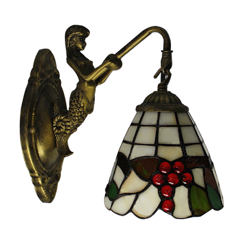 1 Light Mermaid Wall Mounted Light with Fruit Pattern Stained Glass Mini Wall Sconce Lighting