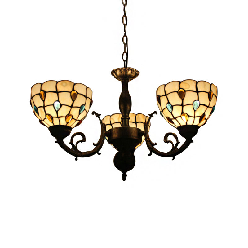Bowl Hanging Light Tiffany Stained Glass 3 Lights Chandelier light with Jewel Pattern for Bedroom