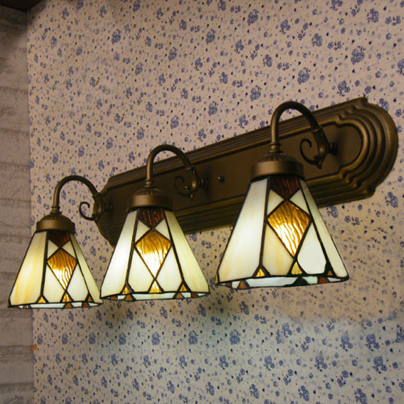 Beige Glass Conical Sconce Light Tiffany 3 Heads Antique Bronze wall Light Fixture