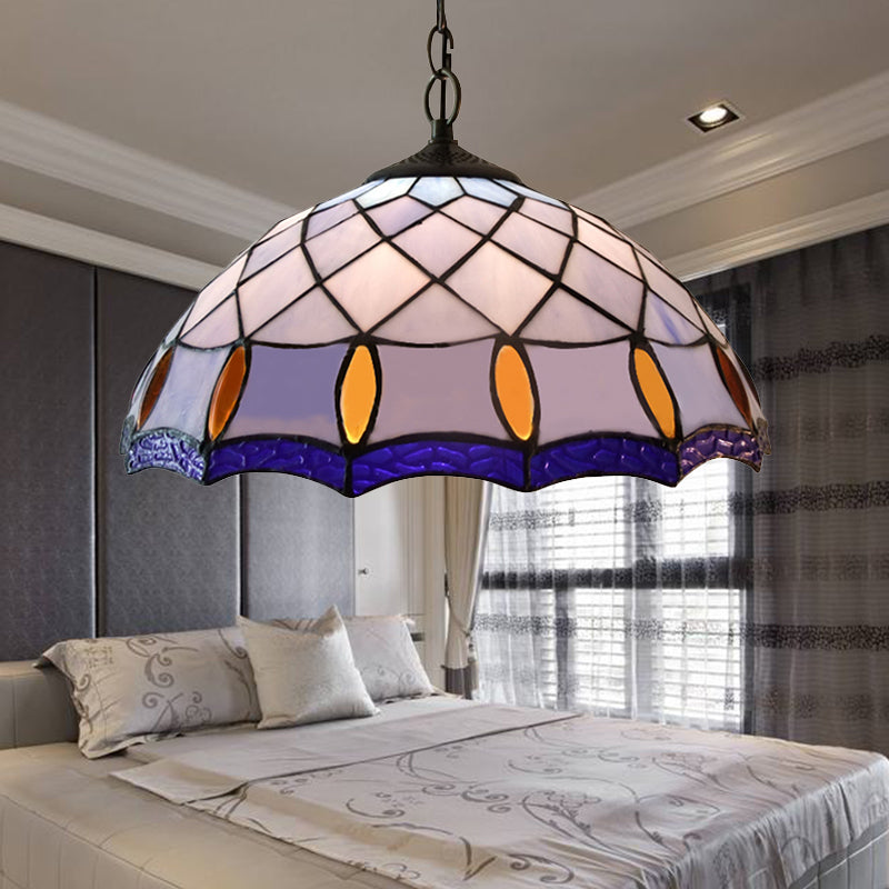 1 Bulb Ceiling Pendant Light Tiffany-Style Domed Handcrafted Stained Glass Suspension Lighting in Purplish Blue