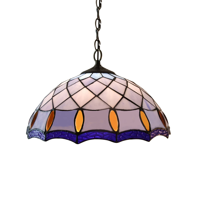 1 Bulb Ceiling Pendant Light Tiffany-Style Domed Handcrafted Stained Glass Suspension Lighting in Purplish Blue
