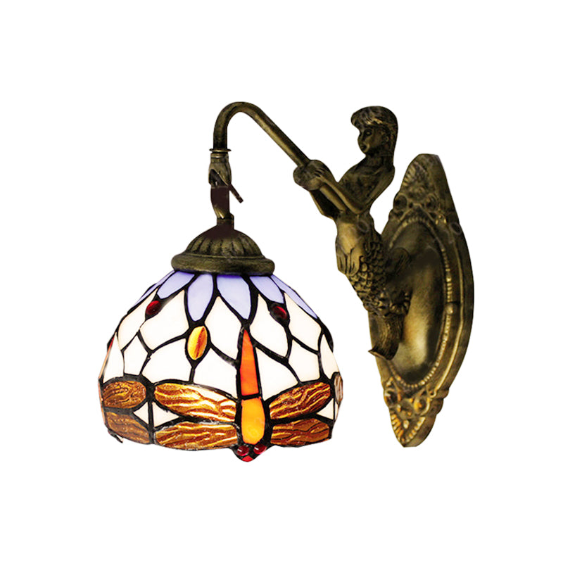 Antique Brass Dragonfly Sconce Lighting Tiffany 1 Head White Glass Wall Mounted Light