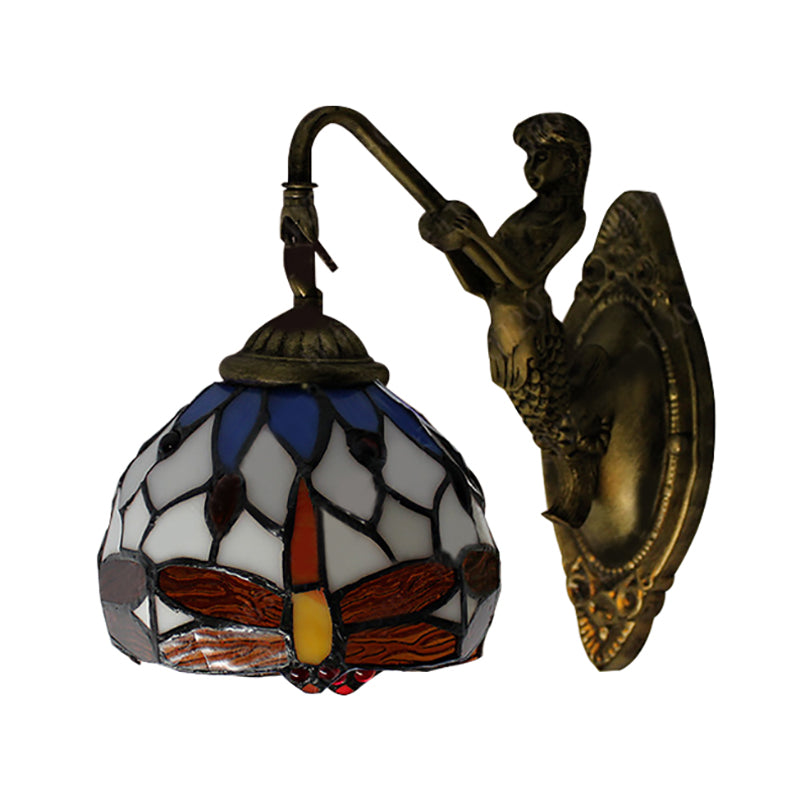 Antique Brass Dragonfly Sconce Lighting Tiffany 1 Head White Glass Wall Mounted Light