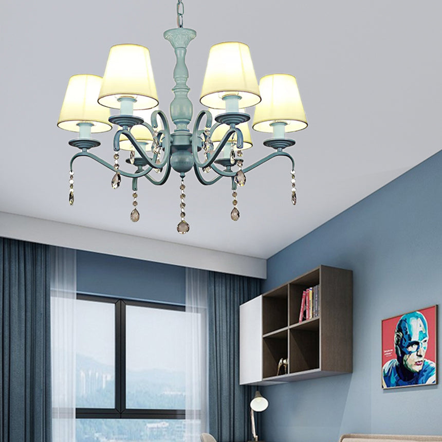 6-Light Tapered Shade Chandelier with Crystal Bead Kids Metal Hanging Light in Blue for Foyer