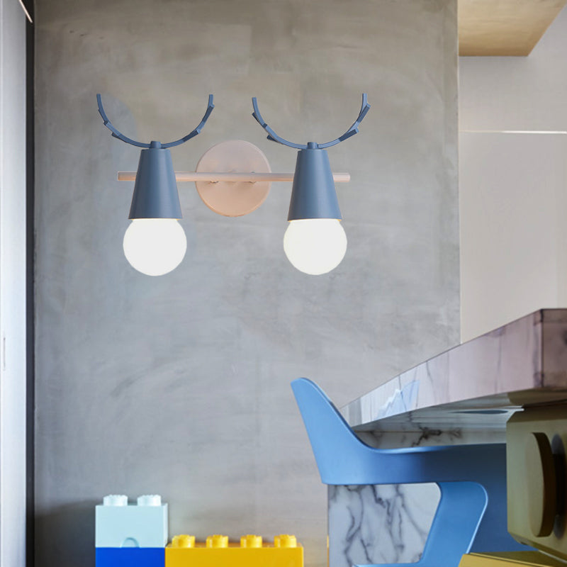 2 Heads Cone Wall Light with Antlers Contemporary Metal Wall Sconce for Study Room