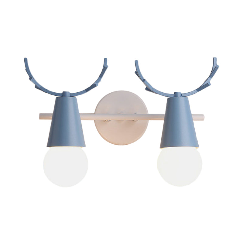 2 Heads Cone Wall Light with Antlers Contemporary Metal Wall Sconce for Study Room