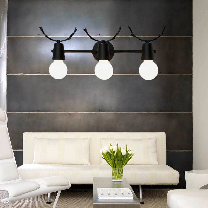 Open Bulb Foyer Stair Wall Sconce with Antlers Metal 3 Lights Modern Style Wall Lamp