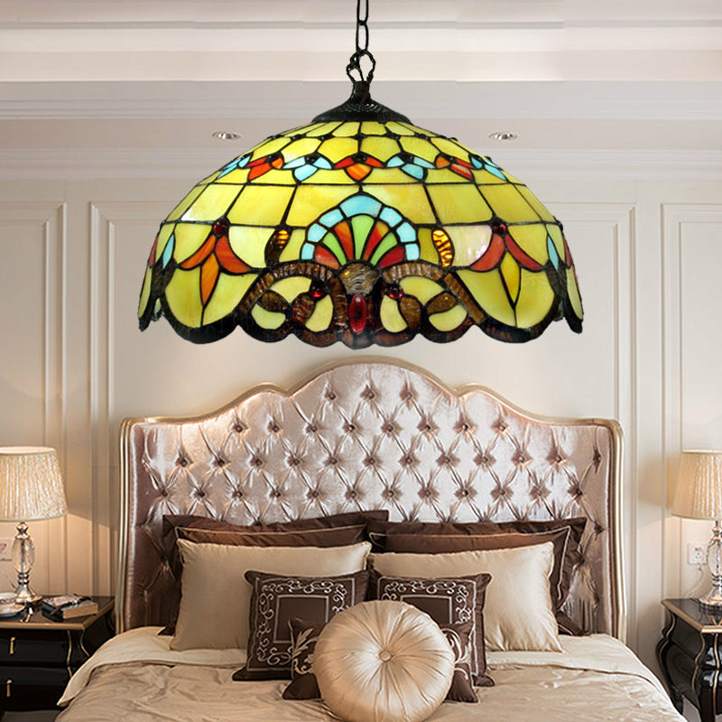 Lodge Domed Pendant Lamp Stained Glass 1 Light Pendant Lighting in Yellow for Dining Room