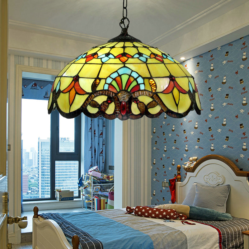 Lodge Domed Pendant Lamp Stained Glass 1 Light Pendant Lighting in Yellow for Dining Room