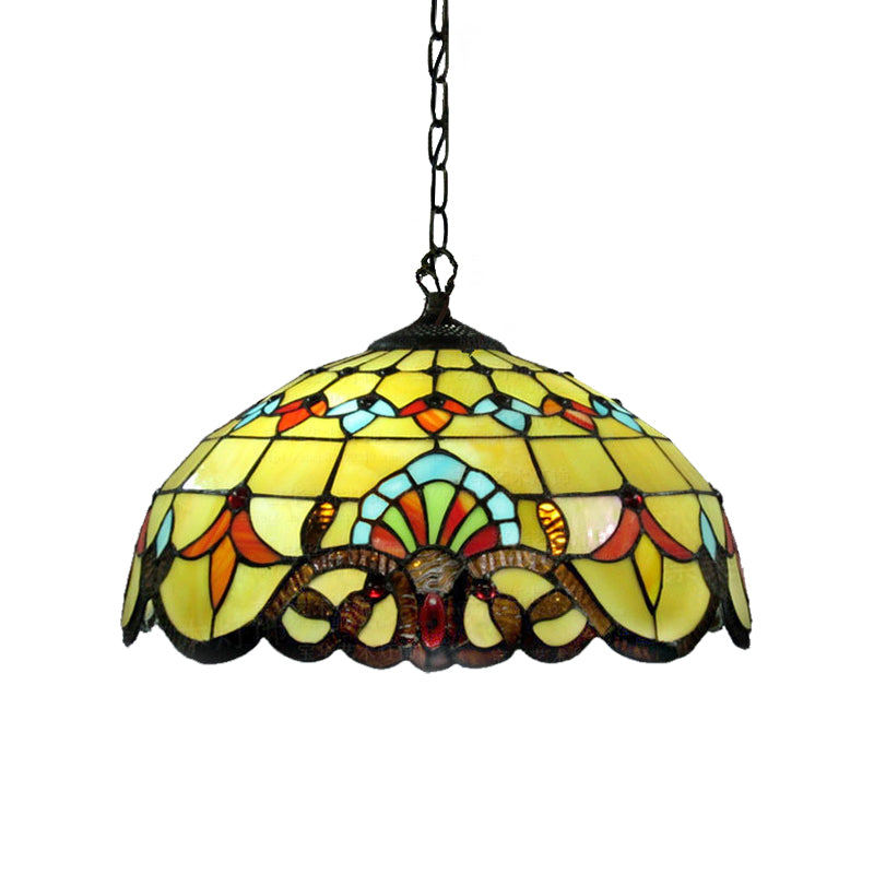 Lodge Domed Pendant Lamp Stained Glass 1 Light Pendant Lighting in Yellow for Dining Room