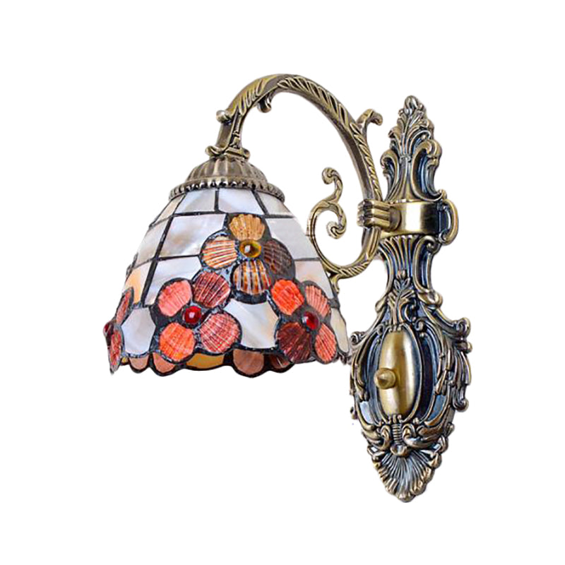 Bowl-Shaped Wall Mount Fixture Stained Glass 1 Light Wall Lighting with Flower Pattern in Antique Brass
