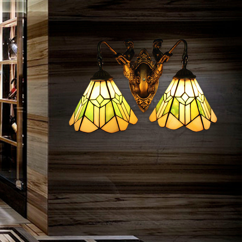 Conical Wall Light Fixture Tiffany Green and White Glass 2 Heads Aged Brass Sconce Light
