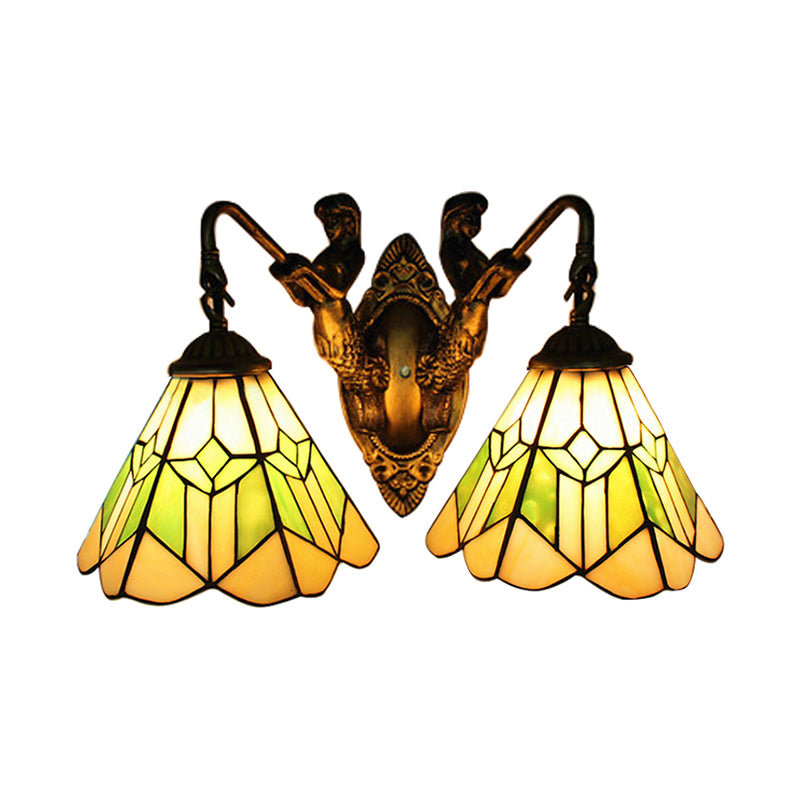 Conical Wall Light Fixture Tiffany Green and White Glass 2 Heads Aged Brass Sconce Light