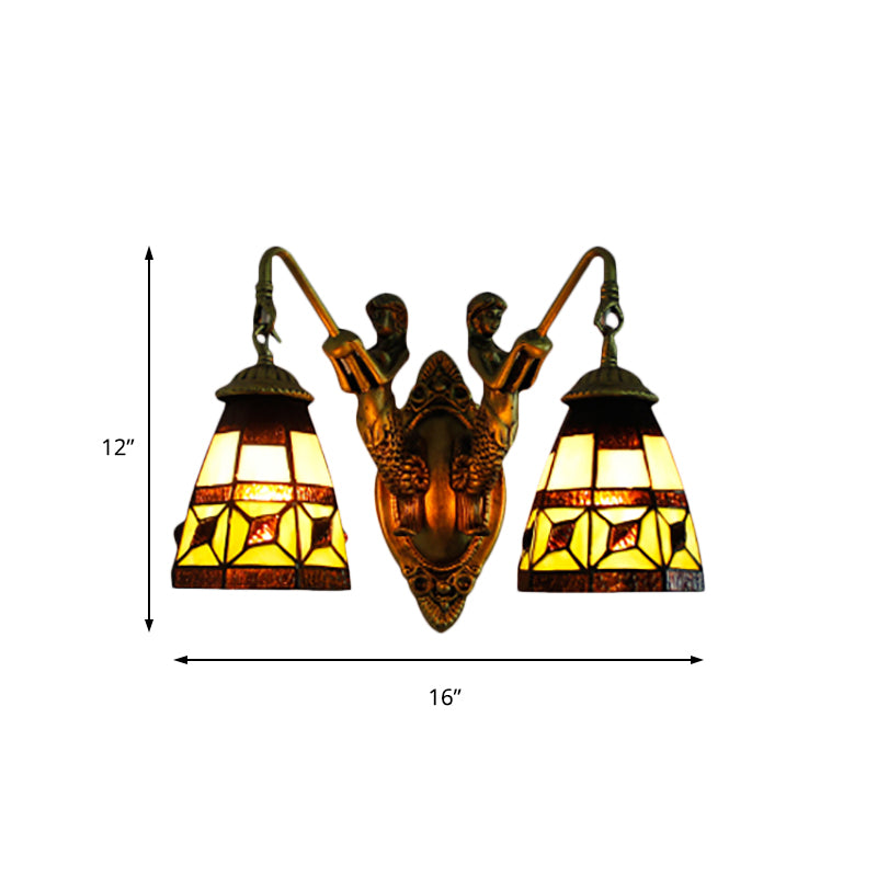 Cone Beige Glass Wall Light Fixture Tiffany 2 Heads Antique Brass Sconce Lighting