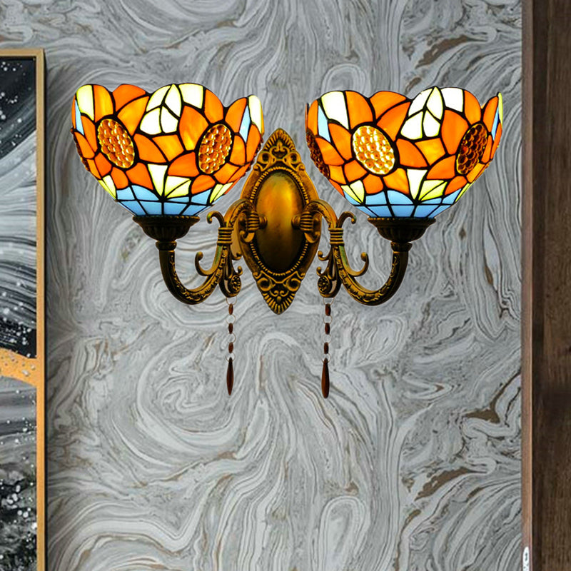 Orange Bowl Wall Fixture Light Country Stained Glass 2 Lights Wall Mount Fixture with Sunflower Pattern