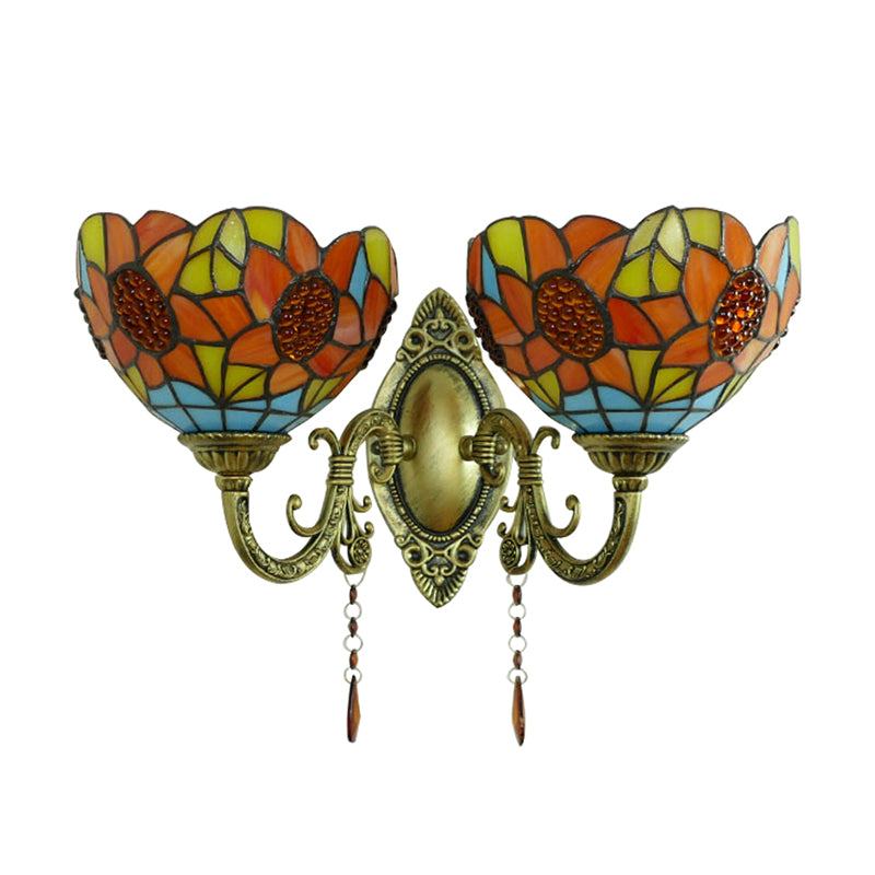 Orange Bowl Wall Fixture Light Country Stained Glass 2 Lights Wall Mount Fixture with Sunflower Pattern