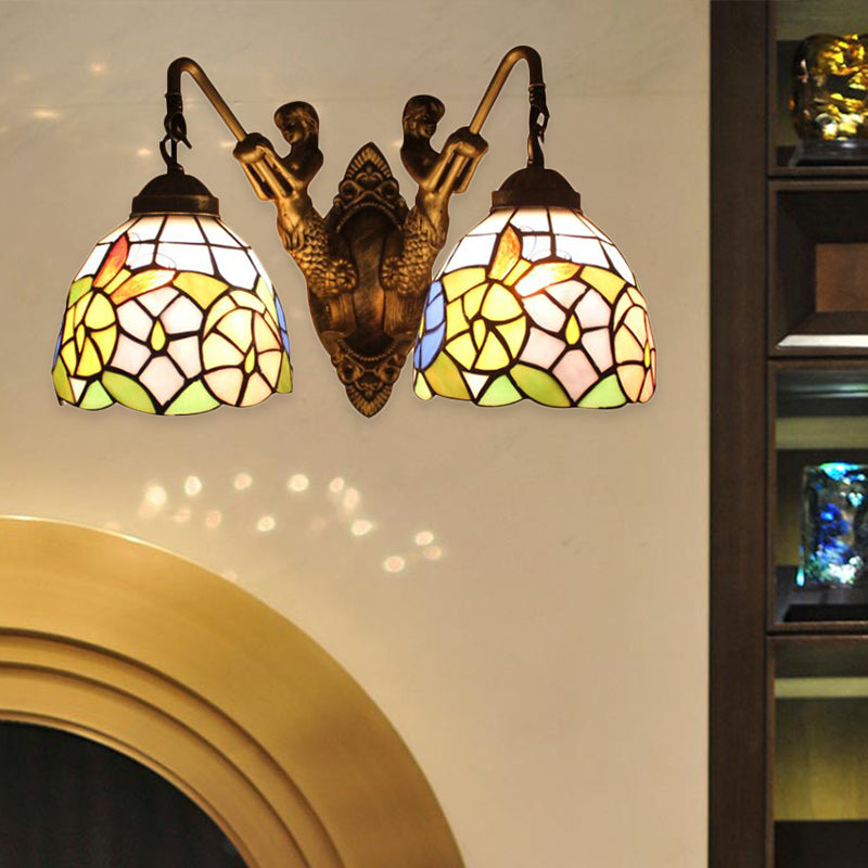 Multicolor Glass Bowl Wall Mount Light Tiffany 2 Head Bronze Sconce Light with Dragonfly/Butterfly Pattern