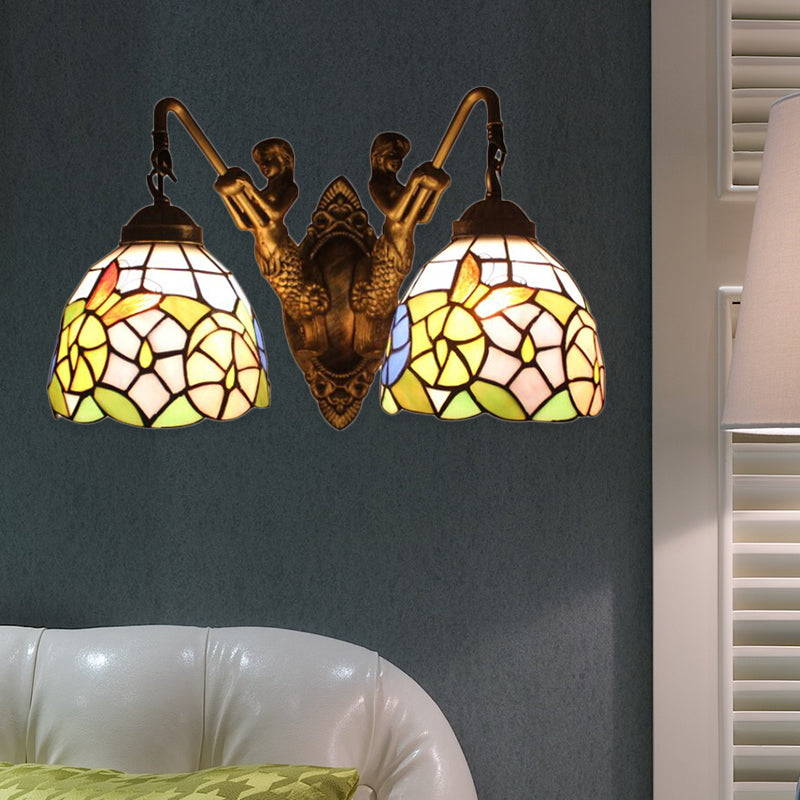 Multicolor Glass Bowl Wall Mount Light Tiffany 2 Head Bronze Sconce Light with Dragonfly/Butterfly Pattern