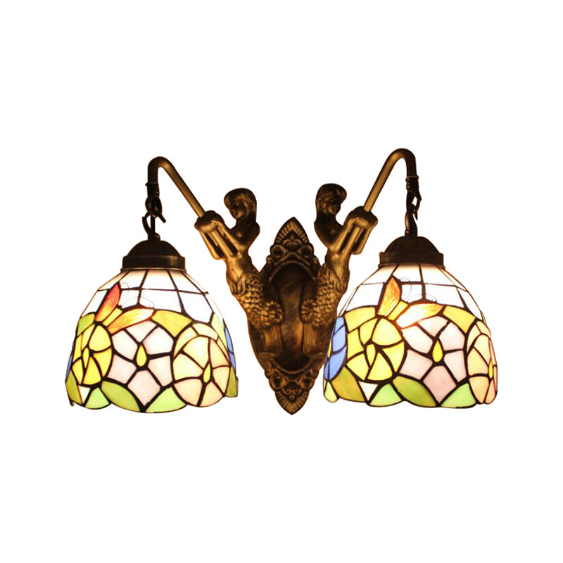 Multicolor Glass Bowl Wall Mount Light Tiffany 2 Head Bronze Sconce Light with Dragonfly/Butterfly Pattern