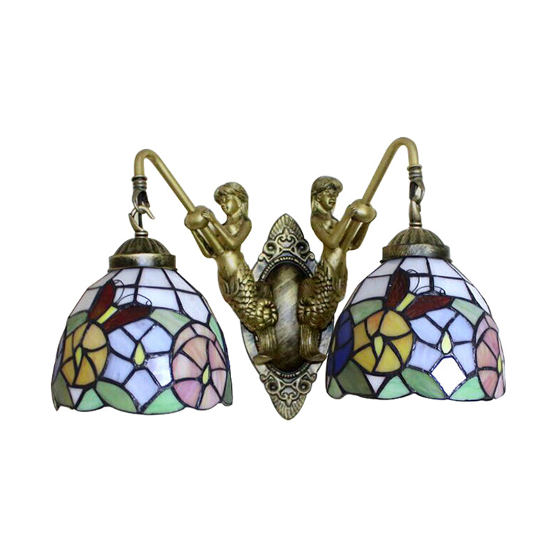 Multicolor Glass Bowl Wall Mount Light Tiffany 2 Head Bronze Sconce Light with Dragonfly/Butterfly Pattern