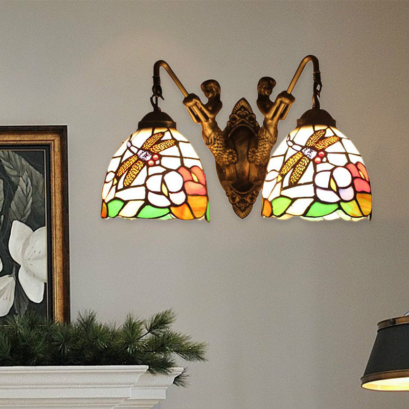 Multicolor Glass Bowl Wall Mount Light Tiffany 2 Head Bronze Sconce Light with Dragonfly/Butterfly Pattern