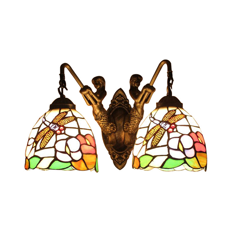 Multicolor Glass Bowl Wall Mount Light Tiffany 2 Head Bronze Sconce Light with Dragonfly/Butterfly Pattern