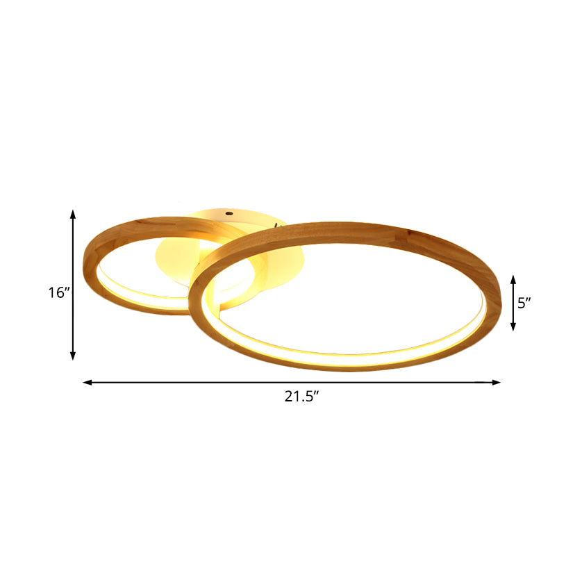 2-Tier Ring Wood Semi Flush Lamp Modern Led Brown Flush Semi Ceiling Light for Bedroom in Warm Light, 21.5"/28" Wide