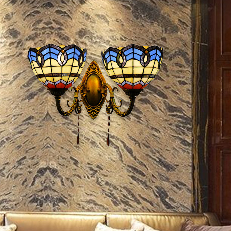 Baroque Bowl-Shaped Wall Fixture Light Stained Glass 2 Lights Wall Sconce Lighting for Living Room