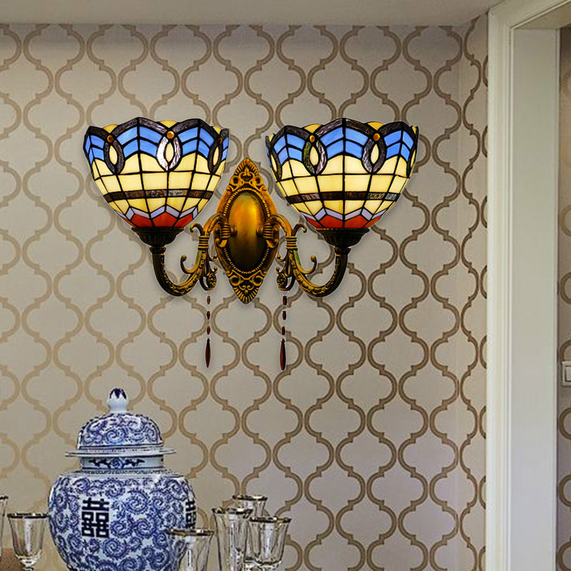 Baroque Bowl-Shaped Wall Fixture Light Stained Glass 2 Lights Wall Sconce Lighting for Living Room