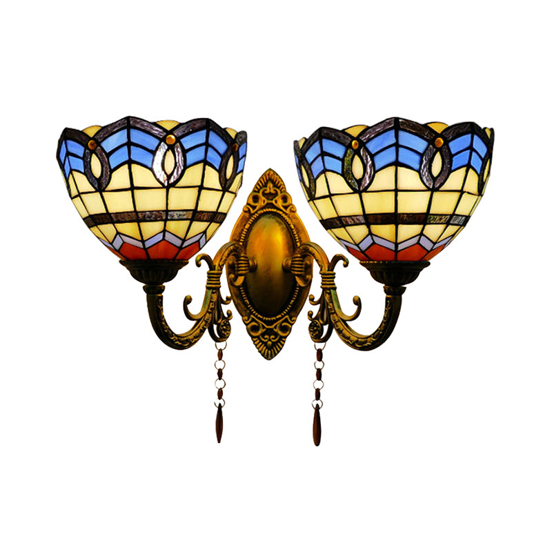 Baroque Bowl-Shaped Wall Fixture Light Stained Glass 2 Lights Wall Sconce Lighting for Living Room