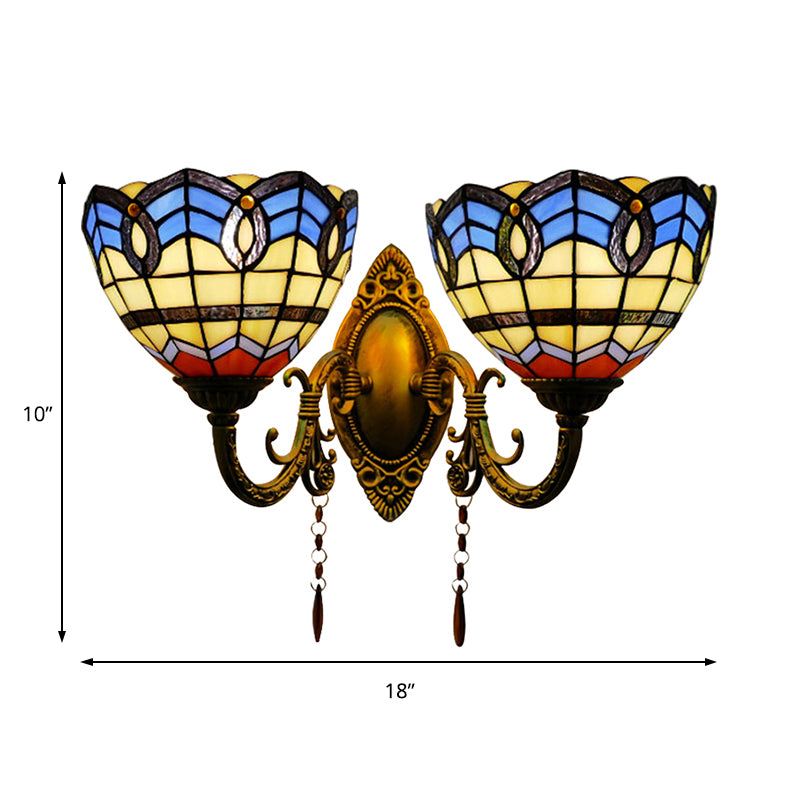 Baroque Bowl-Shaped Wall Fixture Light Stained Glass 2 Lights Wall Sconce Lighting for Living Room