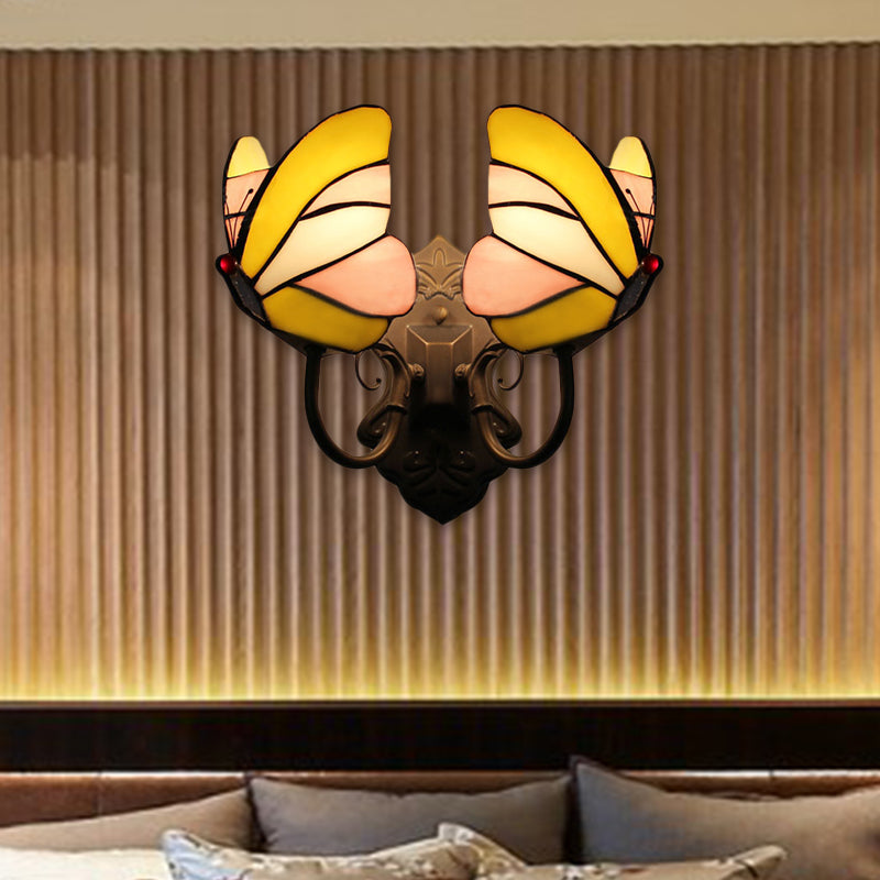 Butterfly Wall Mount Fixture Country Stained Glass 2 Lights Wall Sconce Lamp Fixture for Living Room