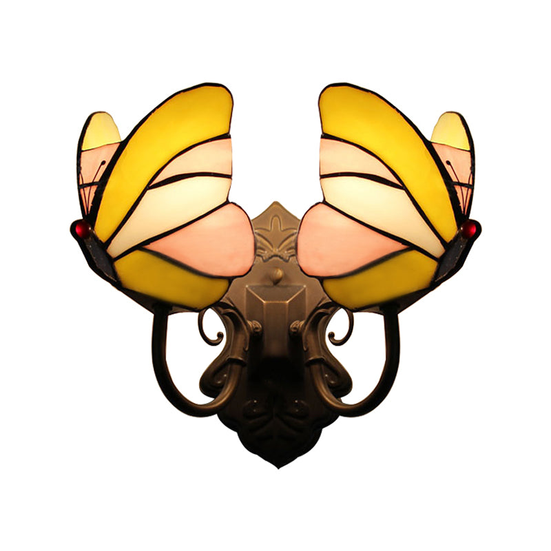 Butterfly Wall Mount Fixture Country Stained Glass 2 Lights Wall Sconce Lamp Fixture for Living Room
