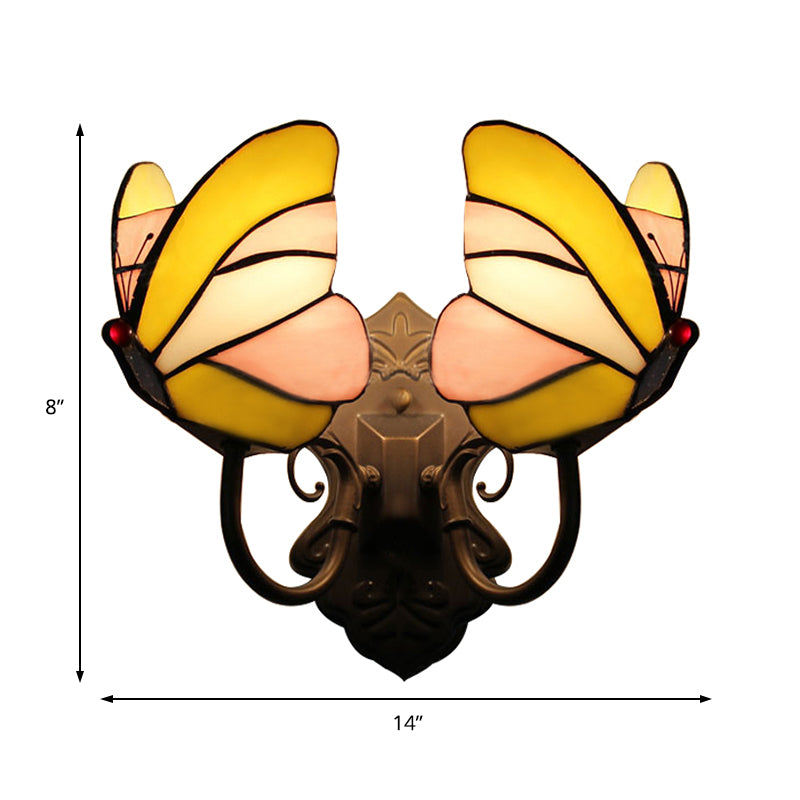 Butterfly Wall Mount Fixture Country Stained Glass 2 Lights Wall Sconce Lamp Fixture for Living Room