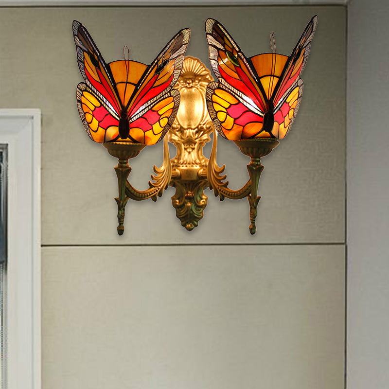 Retro Style Butterfly Wall Sconce Stained Glass 2 Lights Colorful Wall Fixture Light for Stairway