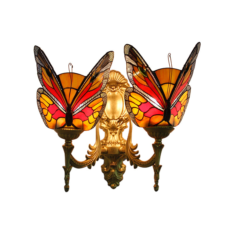 Retro Style Butterfly Wall Sconce Stained Glass 2 Lights Colorful Wall Fixture Light for Stairway