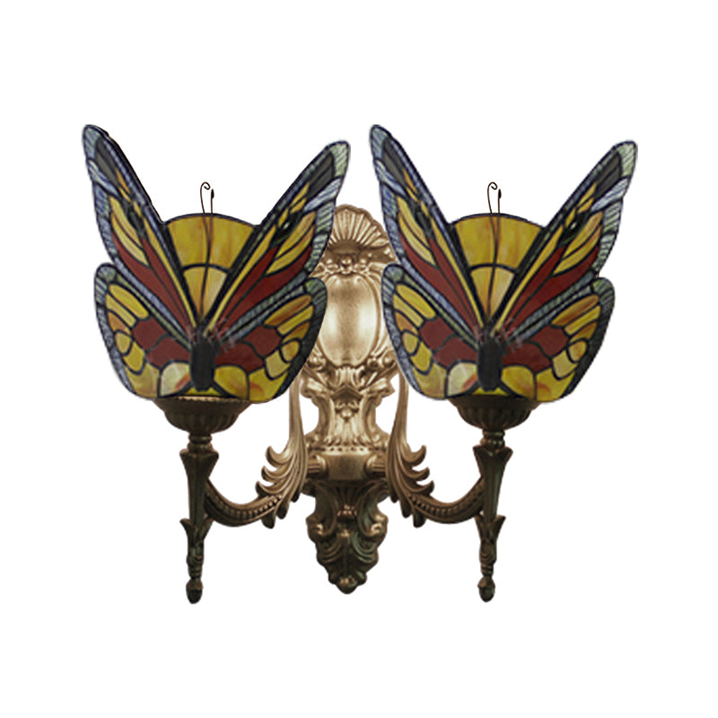 Retro Style Butterfly Wall Sconce Stained Glass 2 Lights Colorful Wall Fixture Light for Stairway