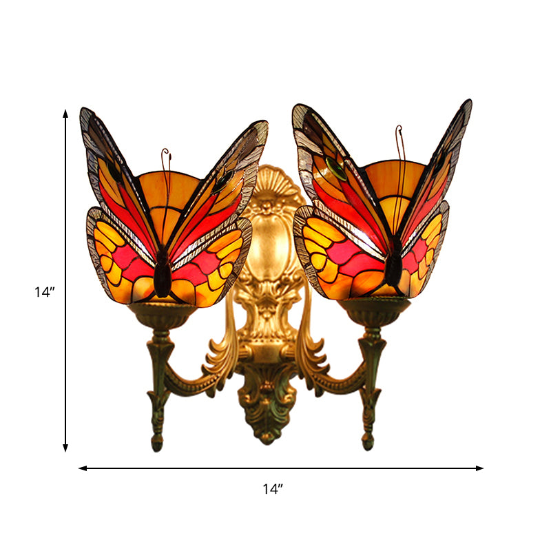 Retro Style Butterfly Wall Sconce Stained Glass 2 Lights Colorful Wall Fixture Light for Stairway