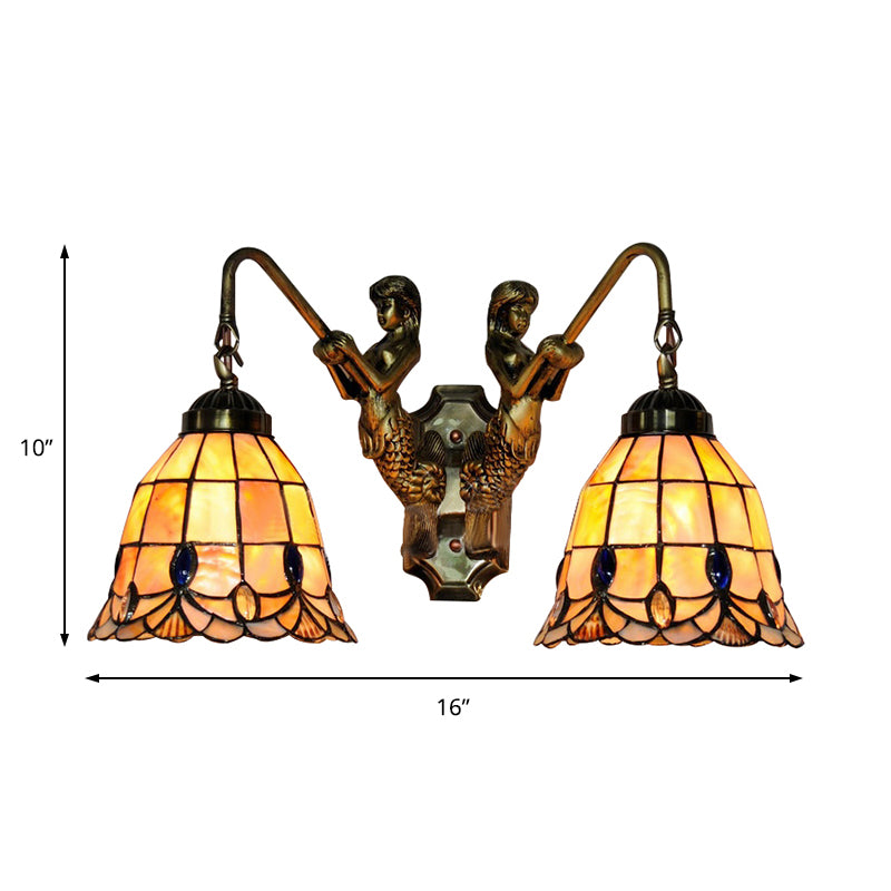 Flared Shell Sconce Light Tiffany 2 Heads Beige Mermaid Wall Mounted Light for Bedroom