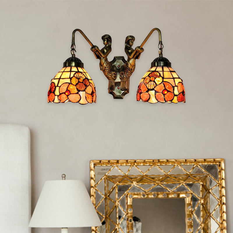 Pink Floral Wall Mounted Light Victorian 2 Lights Shell Sconce Light Fixture with Mermaid Decoration