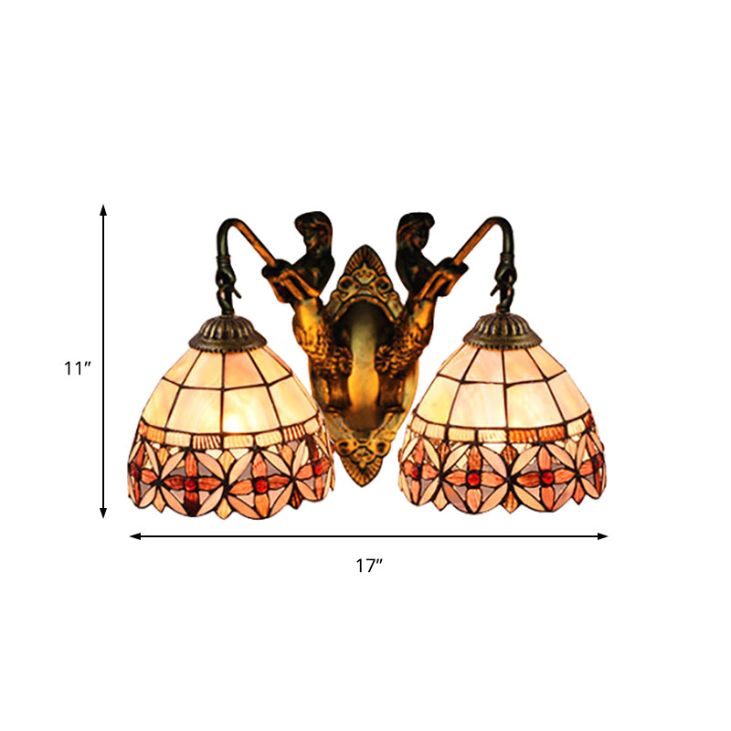 Tiffany Bowl Shell Sconce Light Fixture 2 Heads Wall Mounted Light in Beige with Mermaid Backplate