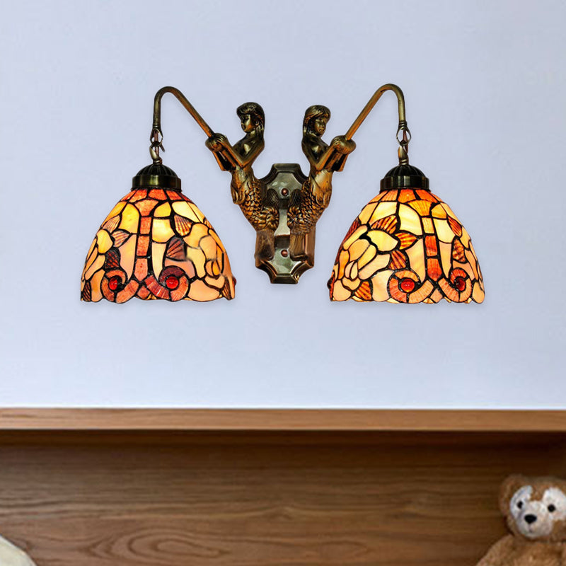 Shell Bowl Wall Lighting Fixture Baroque 2 Heads Orange Sconce Light with Mermaid Backplate for Bedroom