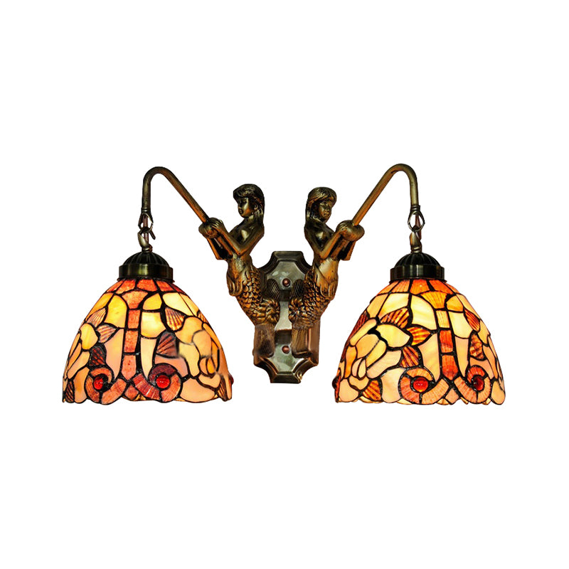 Shell Bowl Wall Lighting Fixture Baroque 2 Heads Orange Sconce Light with Mermaid Backplate for Bedroom