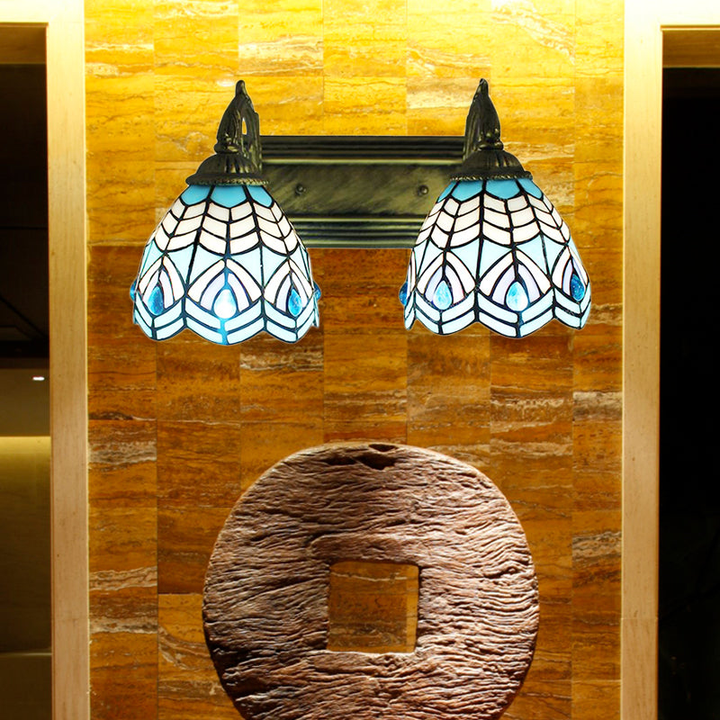 Tiffany Style Dome Wall Lighting Stained Glass 2 Heads Decorative Wall Fixture Light in Blue