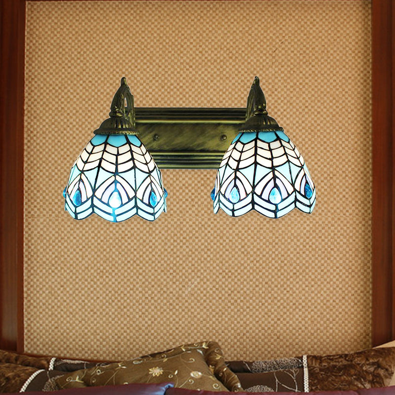 Tiffany Style Dome Wall Lighting Stained Glass 2 Heads Decorative Wall Fixture Light in Blue