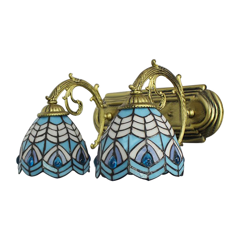 Tiffany Style Dome Wall Lighting Stained Glass 2 Heads Decorative Wall Fixture Light in Blue